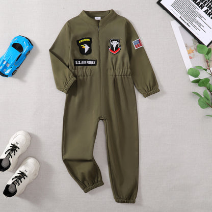 Toddler Boys’ Pilot Jumpsuit – Army Green Long Sleeve Romper (4-5 Years)