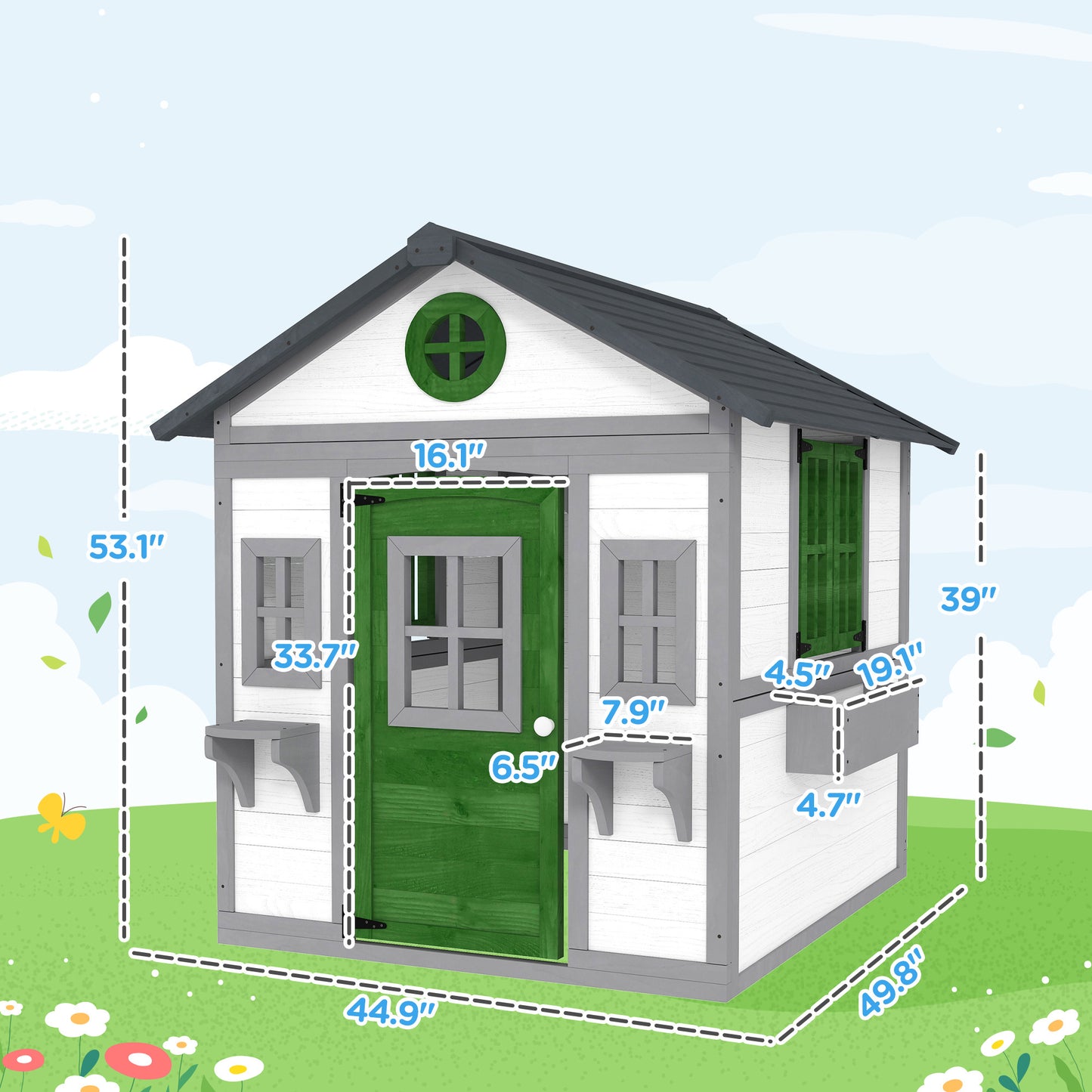 Wooden Outdoor Playhouse for Kids – Doors, Windows & Planter Boxes, Ages 3-8, White