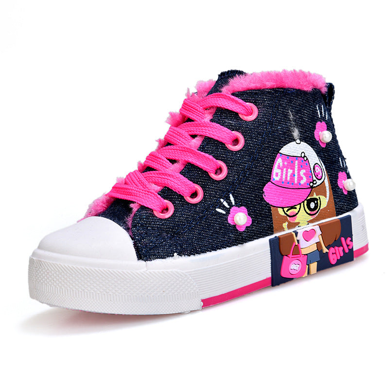 Girls’ High-Top Canvas Sneakers – Cute Cartoon Design, Comfy & Durable