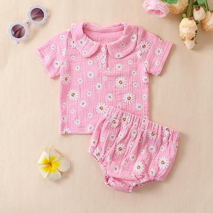 Baby Girl Daisy Print Muslin Two-Piece Set – Peter Pan Collar Top & Bloomer Shorts (6 Months–3 Years)