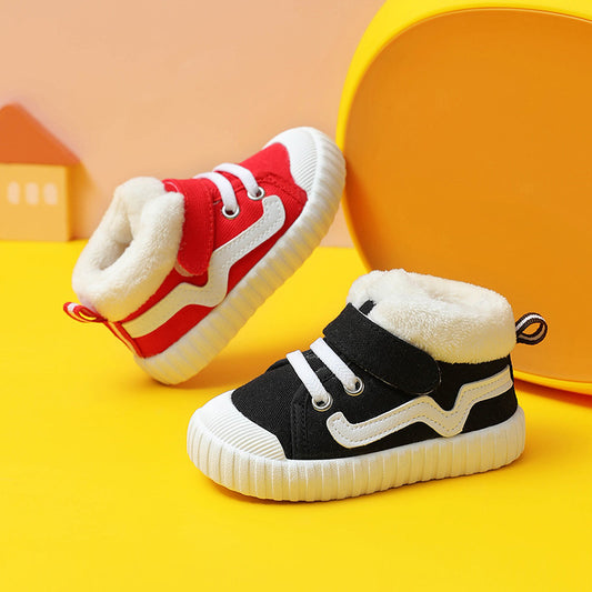 Fleece-Lined High-Top Canvas Toddler Boots | Plush Winter Shoes in Red & Black