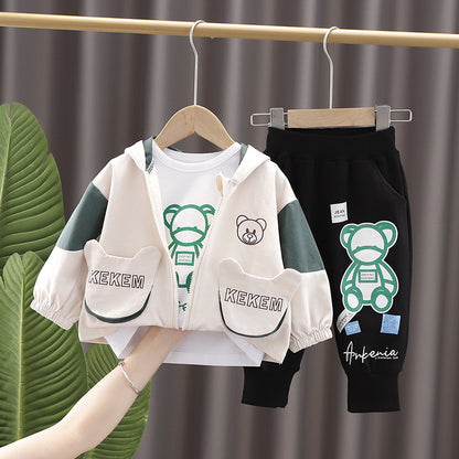 Toddler Boy's Bear Print 3-Piece Hooded Zip Jacket, Tee & Jogger Set | Color-Block Tracksuit with Bear Ear Hood