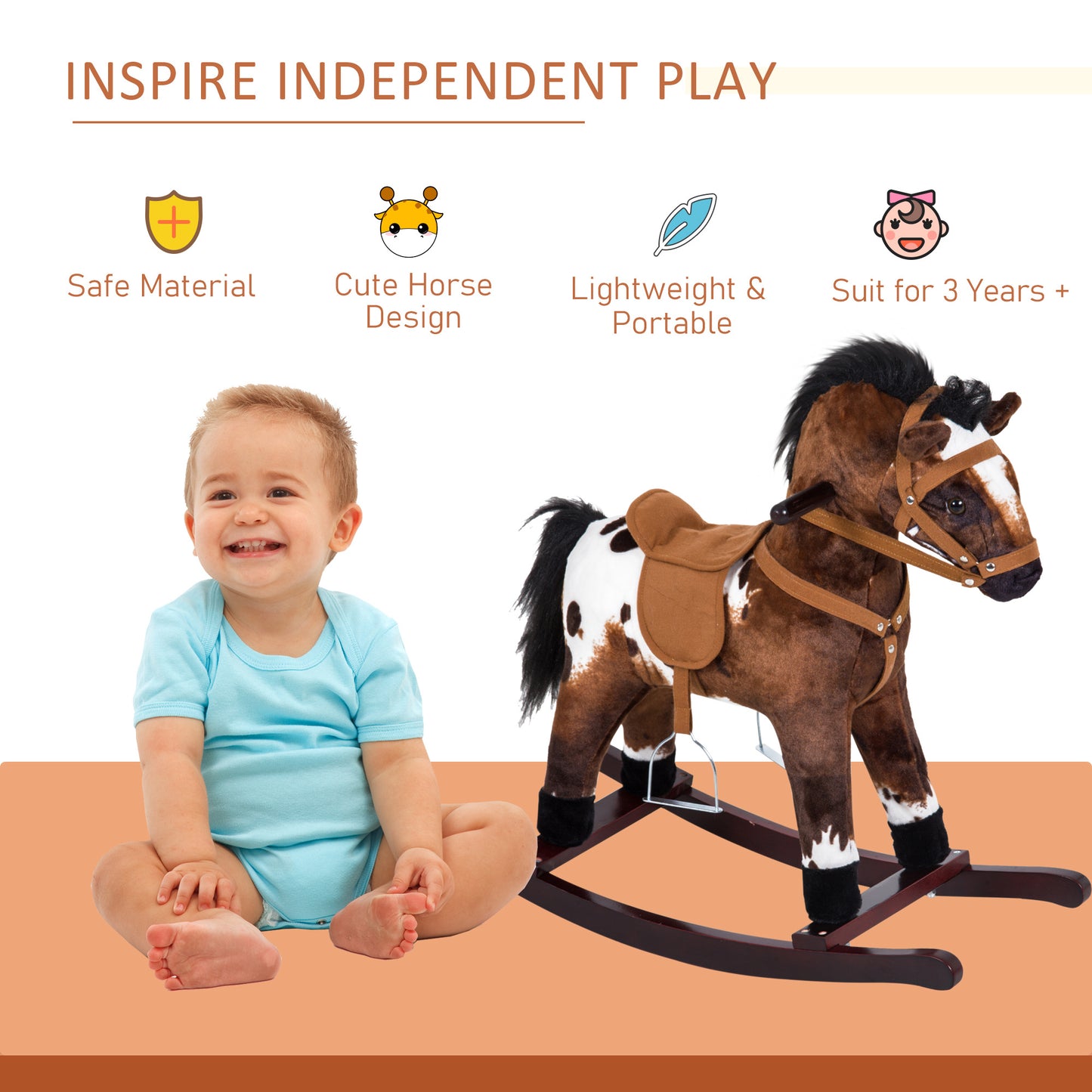 Rocking Horse Plush Ride-On Toy with Nursery Rhyme Music – 18-36 Months, Light Brown/White