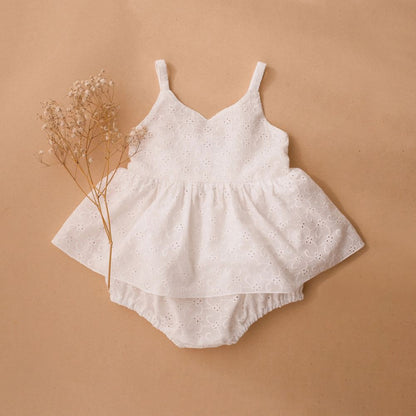 Ditsy Floral & Eyelet Dress-Romper for Baby Girls – Spaghetti Strap Summer Bubble Dress