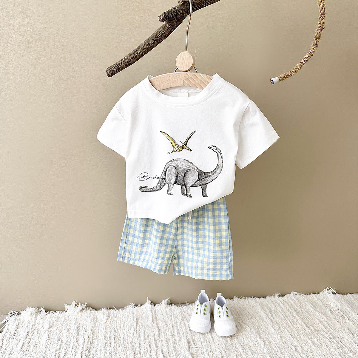 Toddler Boys' Dinosaur Graphic Tee & Gingham Shorts Set – Illustrated Dino Print, Sizes 6 Months–3 Years