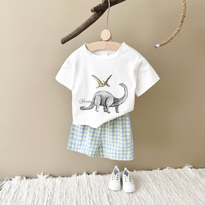 Toddler Boys' Dinosaur Graphic Tee & Gingham Shorts Set – Illustrated Dino Print, Sizes 6 Months–3 Years