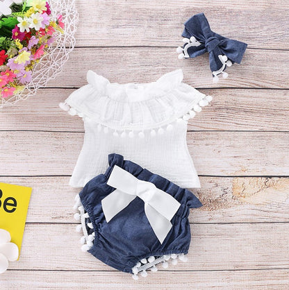 Baby Girl Pom-Pom Summer Outfit Set (Top, Bloomers & Headband)
