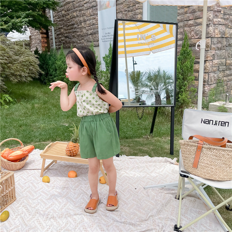 Toddler Girl Green Daisy Cami Top & Solid Shorts Set