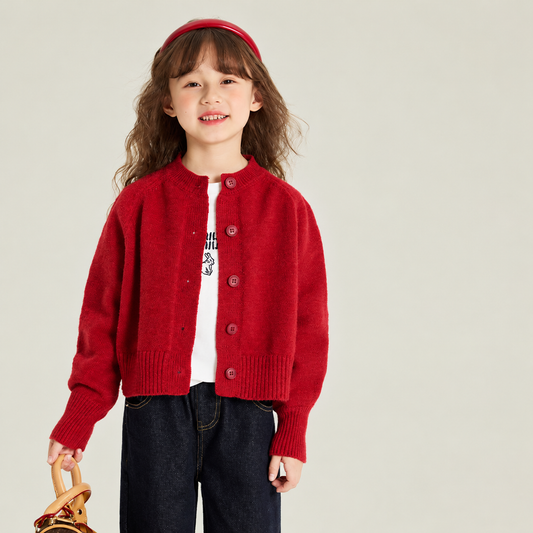 Rich Red Button-Front Knit Cardigan for Kids