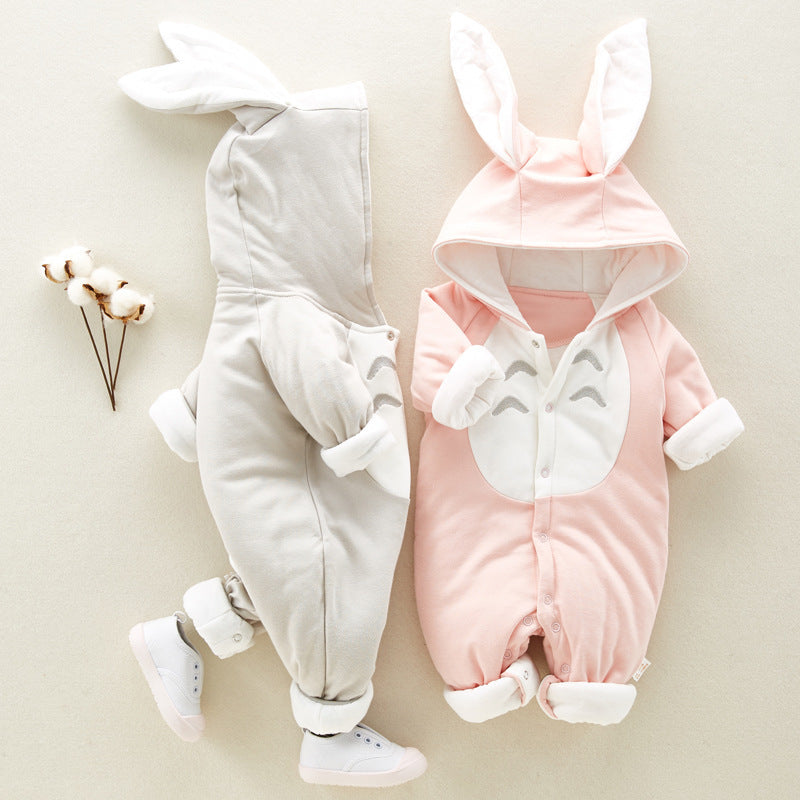 Thickened Cotton Baby Romper with Chinchilla-Style Hood