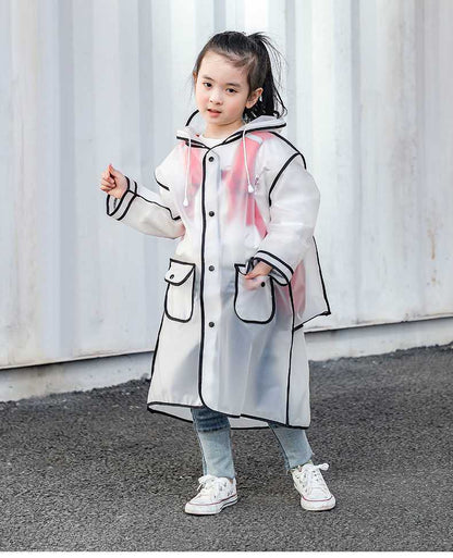 Transparent Kids' Raincoat with Built-In Backpack Cover – School Rain Jacket with Colored Trim