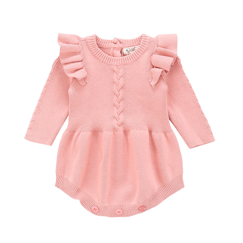 Ruffle Knit Baby Girl Romper – Soft Cotton One-Piece with Flutter Sleeves