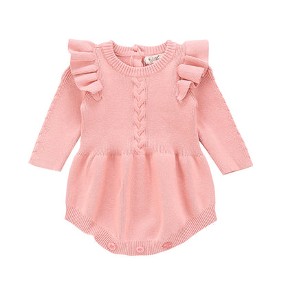 Ruffle Knit Baby Girl Romper – Soft Cotton One-Piece with Flutter Sleeves