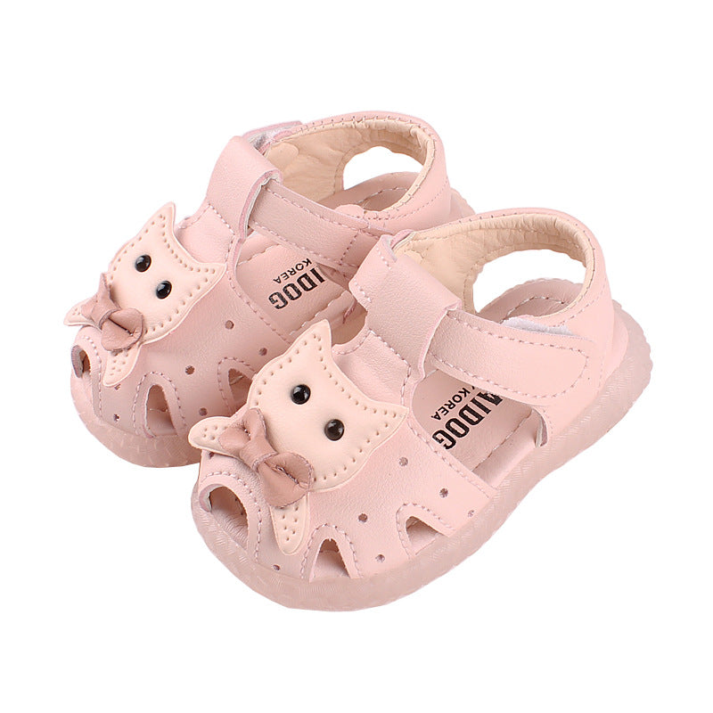 Kitty Face Bow Soft-Sole Baby Girl Sandals | Closed-Toe Cutout Style in Pink & White