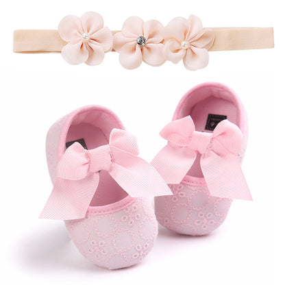 Baby Princess Shoes with Matching Headband – Soft Sole, Bow Detail (0–12 Months)