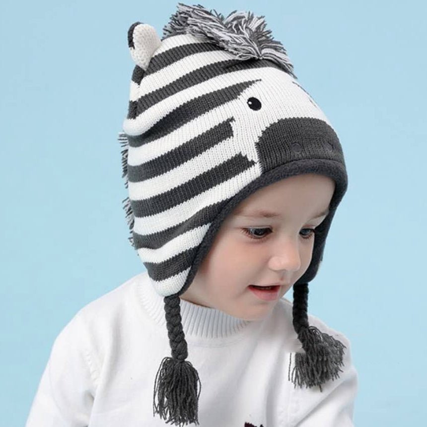 Zebra Knit Winter Hat for Babies & Toddlers (Fleece-Lined, Ear Flaps + Tassels)