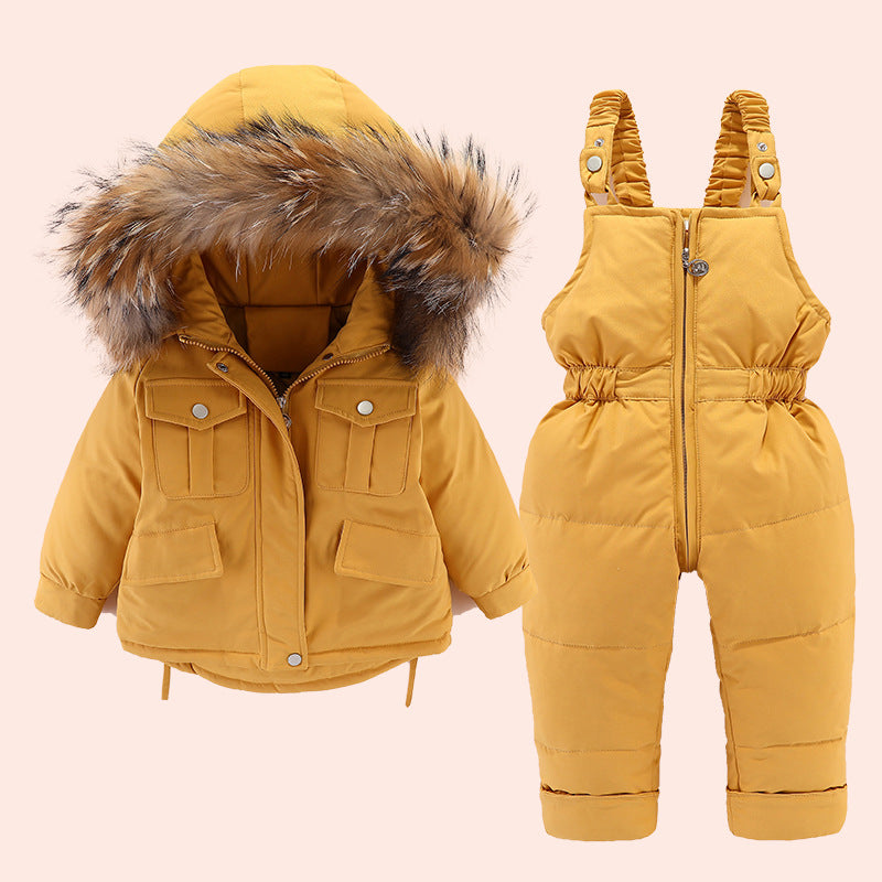 Baby Winter Puffer Jacket + Bib Pants Set (Unisex) — Fur-Trim Hood, 2-Piece Outfit