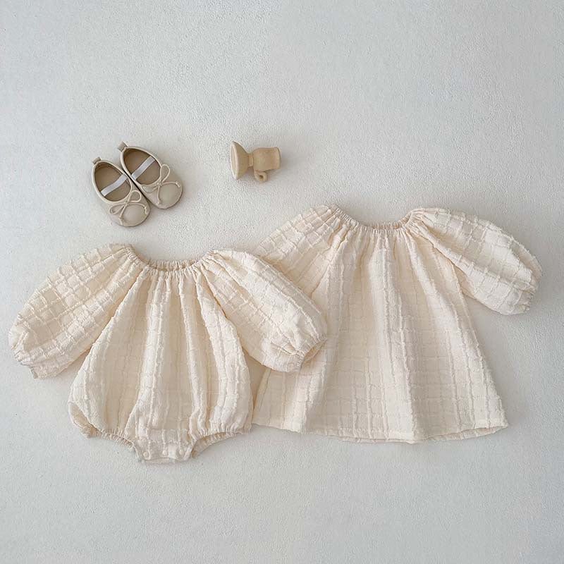 Girls' Textured Puff-Sleeve Romper & Dress Set – Soft Cotton Plaid for Babies & Toddlers
