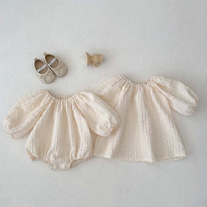Girls' Textured Puff-Sleeve Romper & Dress Set – Soft Cotton Plaid for Babies & Toddlers
