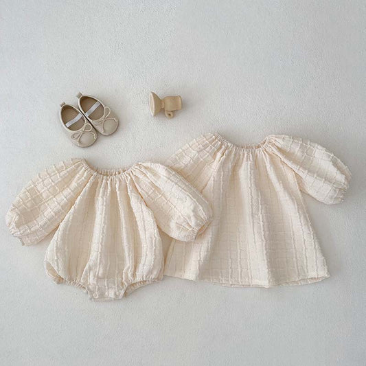 Girls' Textured Puff-Sleeve Romper & Dress Set – Soft Cotton Plaid for Babies & Toddlers