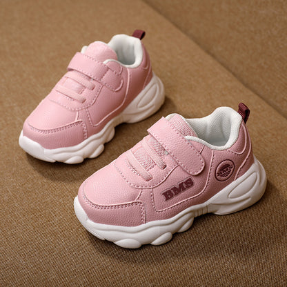 Chunky-Sole PU Leather Kids Sneakers with Velcro Strap | Casual Athletic Shoes in Caramel, Pink & Blue