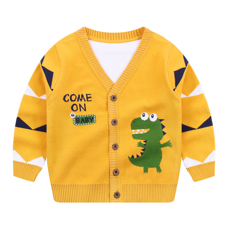Boys Dinosaur Knit Cardigan Sweater (1–6 Years) – Button-Front V-Neck Cotton Blend