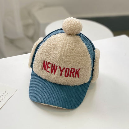 Kids Corduroy + Sherpa “New York” Earflap Baseball Cap