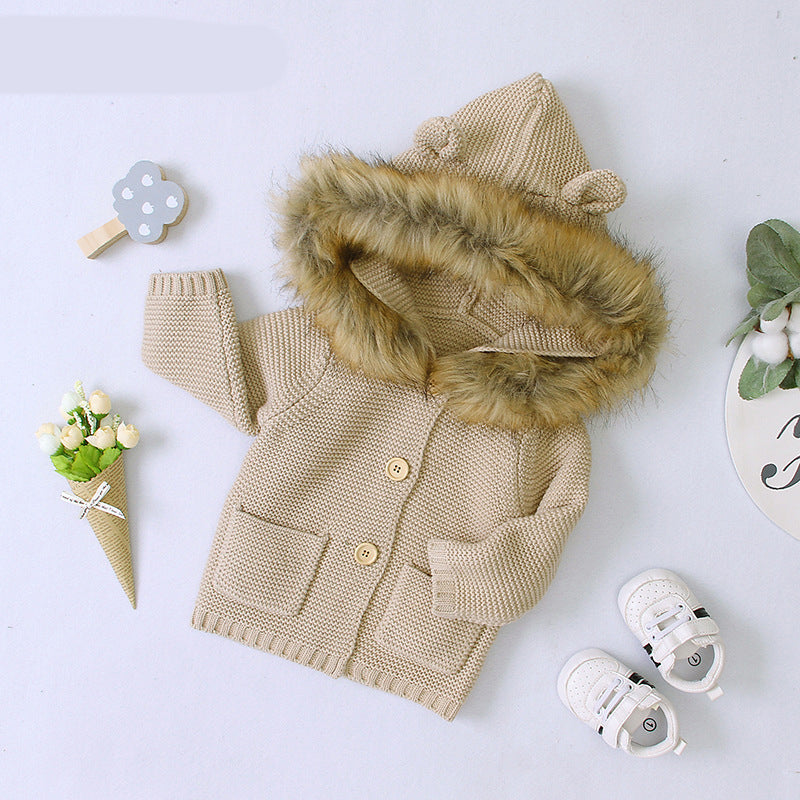 Bear-Ear Hooded Knit Cardigan Coat