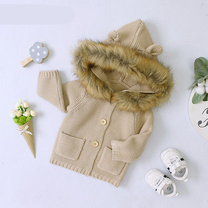 Bear-Ear Hooded Knit Cardigan Coat