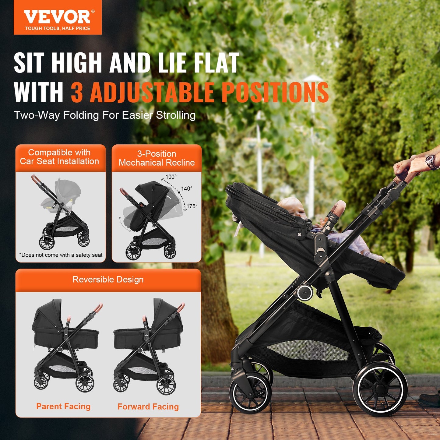 Reversible Baby Stroller with Bassinet & Reclining Seat – Foldable Travel Stroller for Newborns to Toddlers