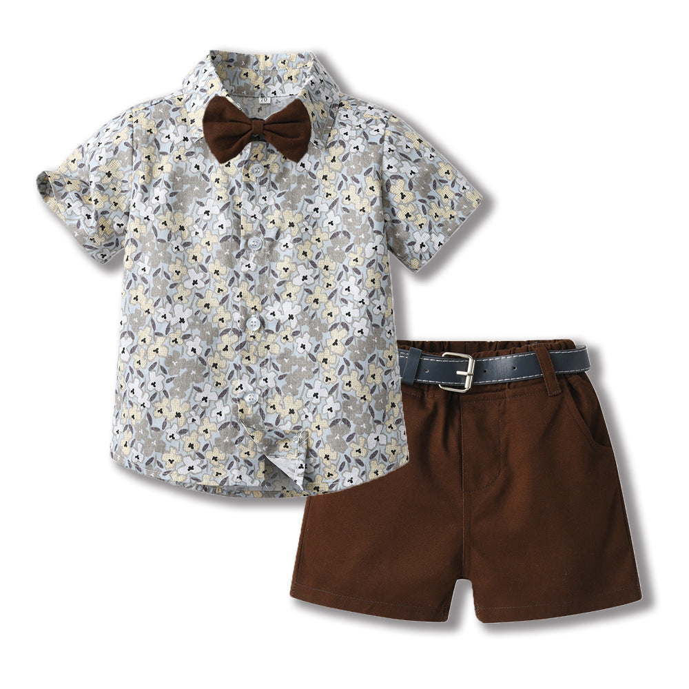 Toddler & Little Boys' Floral Button-Down Shirt & Shorts Set with Bow Tie and Belt – Sizes 3 Months–6 Years