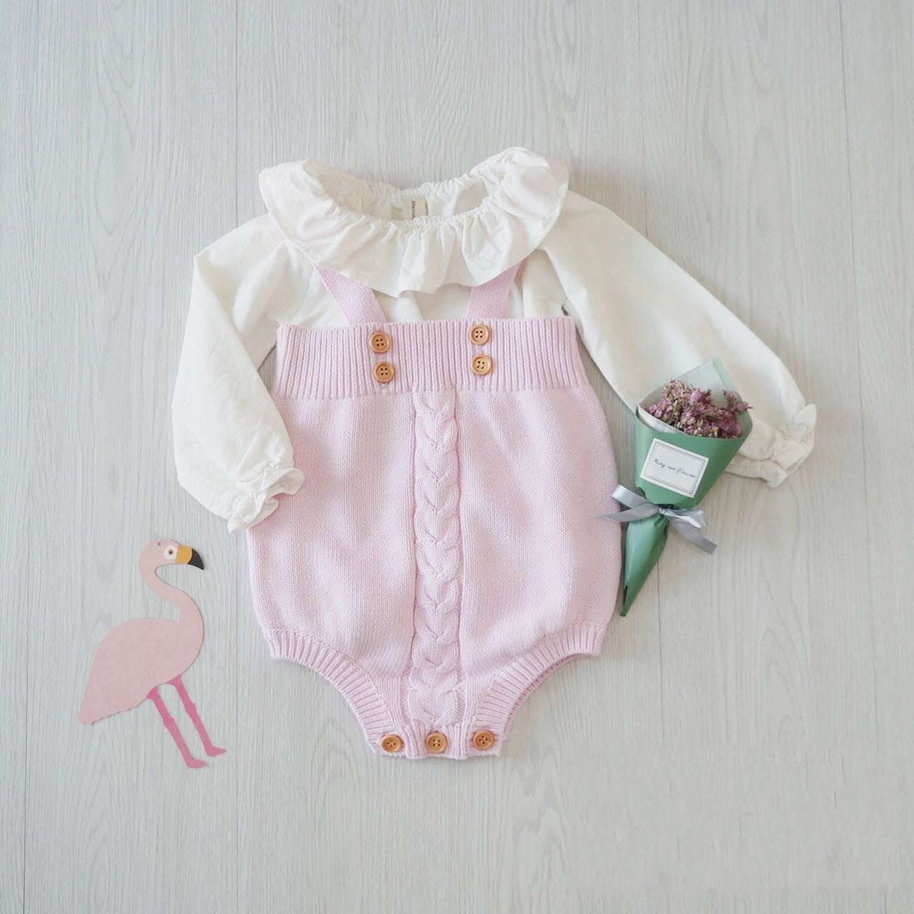 Cable-Knit Baby Romper Bloomers – Soft Cotton Buttoned One-Piece for Little Girls
