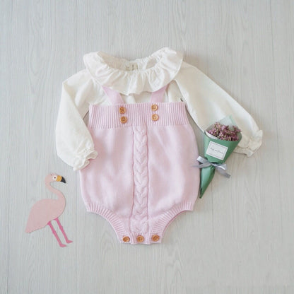 Cable-Knit Baby Romper Bloomers – Soft Cotton Buttoned One-Piece for Little Girls