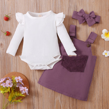 Ins Popular Pure Cotton Sunken Stripe Suspender Skirt Romper Three-piece Set