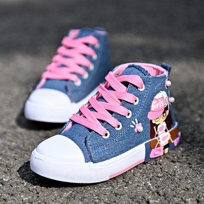 Girls’ High-Top Canvas Sneakers – Cute Cartoon Design, Comfy & Durable