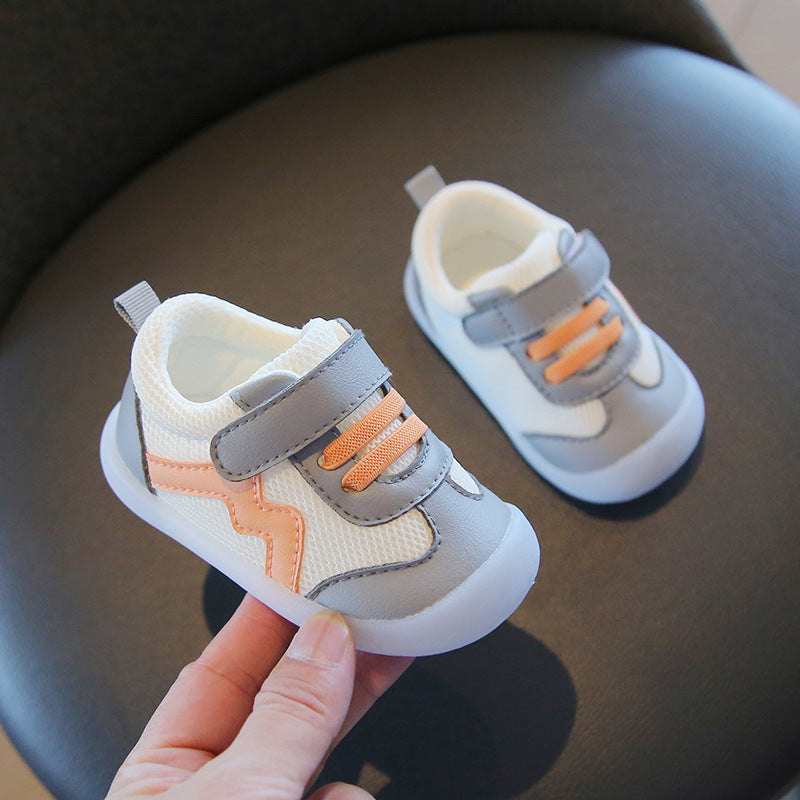 Wave-Panel Mesh & PU Toddler Sneakers | Breathable Color-Block Baby Shoes in Gray, Red & Orange