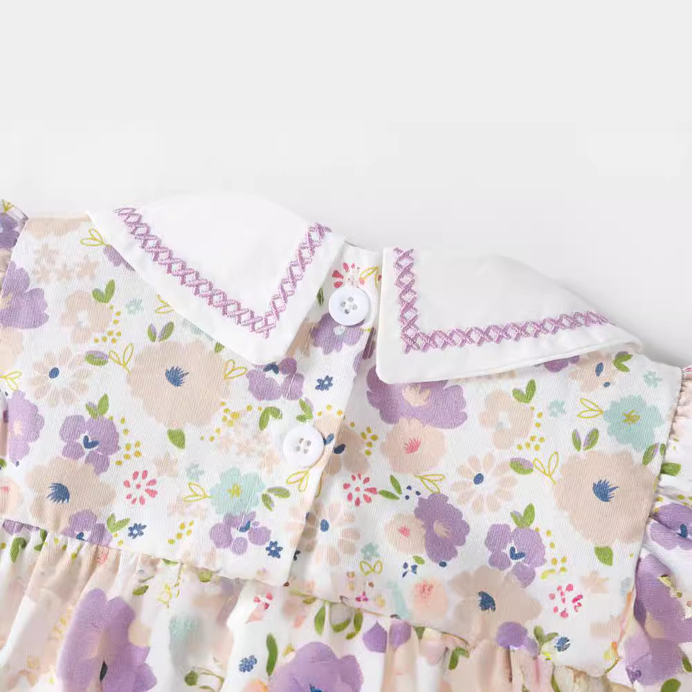 Embroidered Sailor Collar Flutter Romper – Baby Girl Floral & Polka Dot Summer Bubble Suit