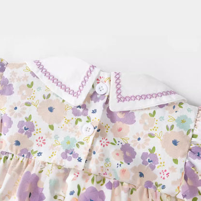 Embroidered Sailor Collar Flutter Romper – Baby Girl Floral & Polka Dot Summer Bubble Suit
