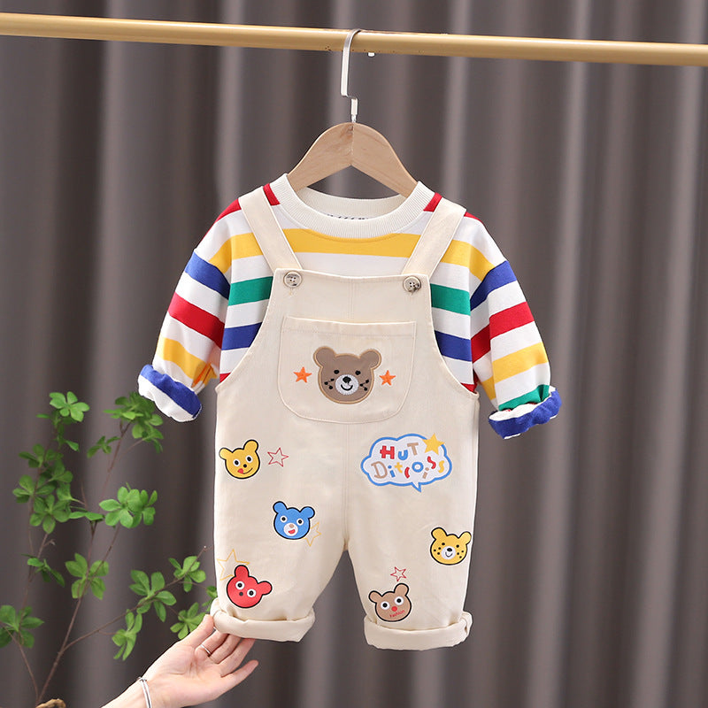 Toddler Boy 2-Piece Outfit Set – Rainbow Stripe Long-Sleeve Tee & Cartoon Bear Suspender Pants (6 Months–5 Years)