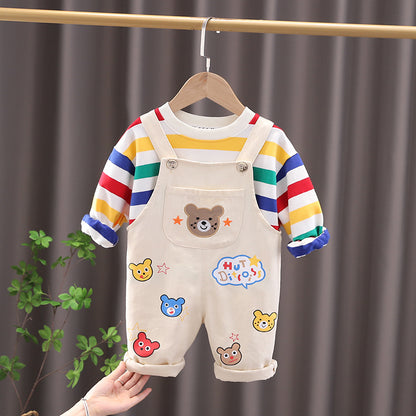 Toddler Boy 2-Piece Outfit Set – Rainbow Stripe Long-Sleeve Tee & Cartoon Bear Suspender Pants (6 Months–5 Years)