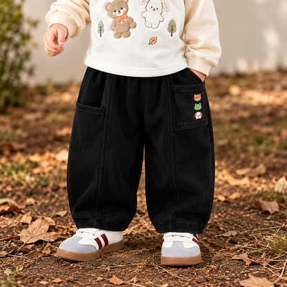Pet-Embroidered Pocket Cotton Pants for Babies & Toddlers