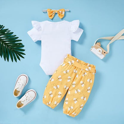 Infant Baby Girl “Sweet Bee” 3-Piece Outfit Set – Letter Print Romper, Bee Pants & Bow Headband