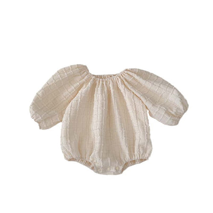 Girls' Textured Puff-Sleeve Romper & Dress Set – Soft Cotton Plaid for Babies & Toddlers