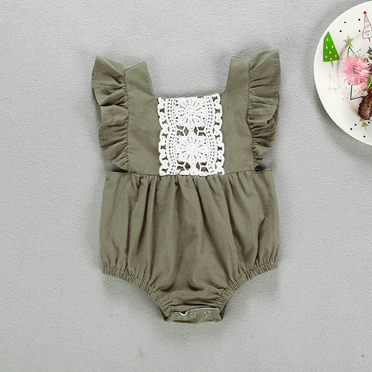 Baby Girl Solid Ruffle Flutter-Sleeve Bubble Romper with Gingham Bow
