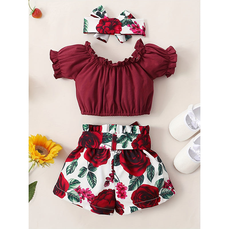3-Piece Baby Outfit Set – Soft Short-Sleeve Top, Floral Shorts & Matching Headband