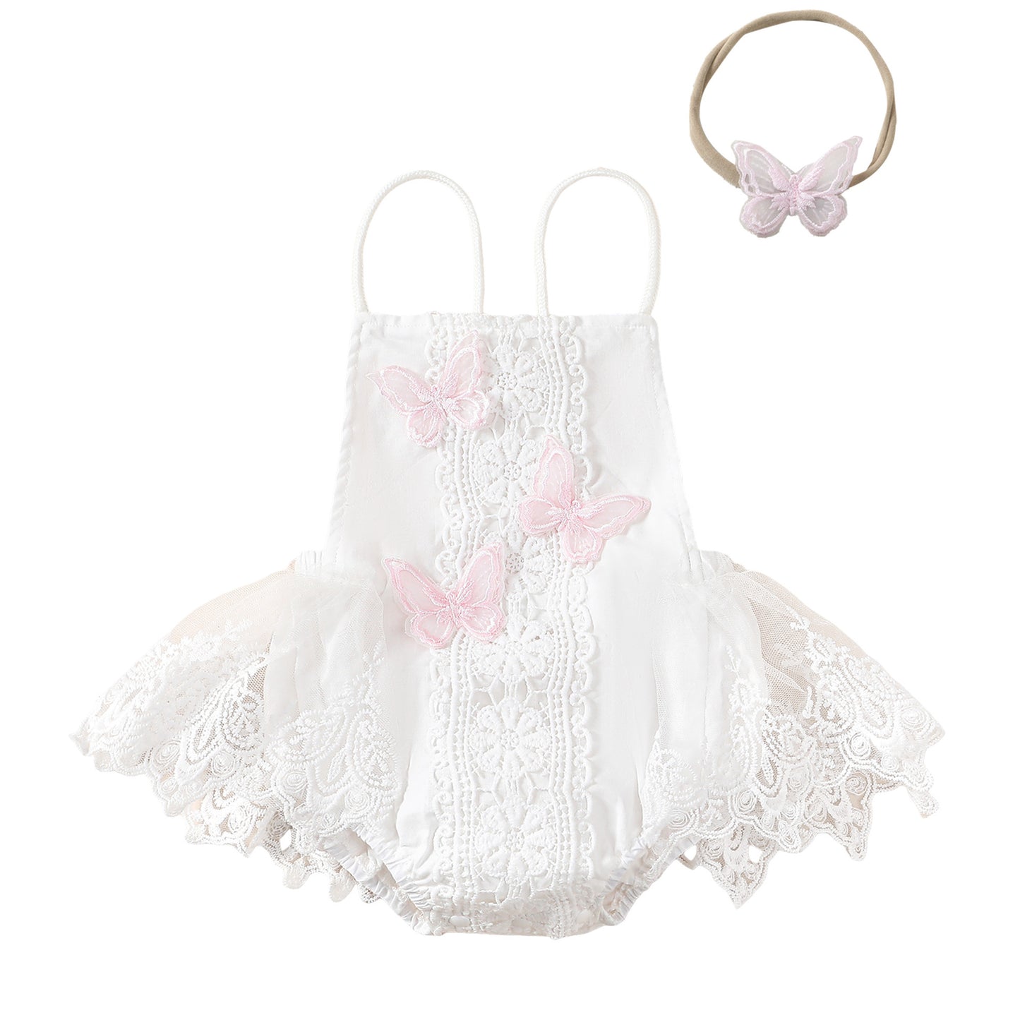 Baby Girl Butterfly Lace Romper Dress with Headband — Halter Neck Tutu Style