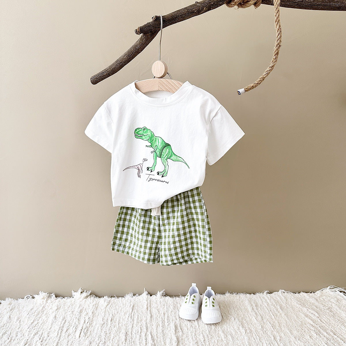 Toddler Boys' Dinosaur Graphic Tee & Gingham Shorts Set – Illustrated Dino Print, Sizes 6 Months–3 Years