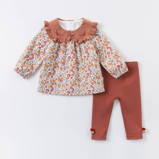 Girls' Autumn Floral Blouse & Rust Leggings Set with Embroidered Peter Pan Collar