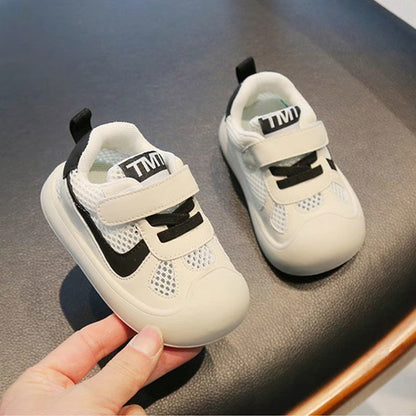 Clean-Panel Mesh Baby Sneakers with Letter Strap Tab | Breathable Velcro Shoes in White & Black