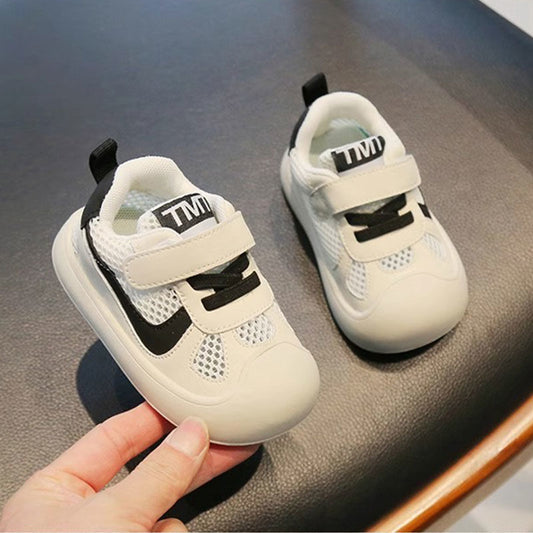 Clean-Panel Mesh Baby Sneakers with Letter Strap Tab | Breathable Velcro Shoes in White & Black
